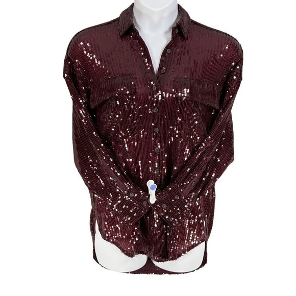 Anthropologie Pilcro Women XS OVERSIZED Burgundy Sequin Button Up Fairy Glam Top - Picture 6 of 16